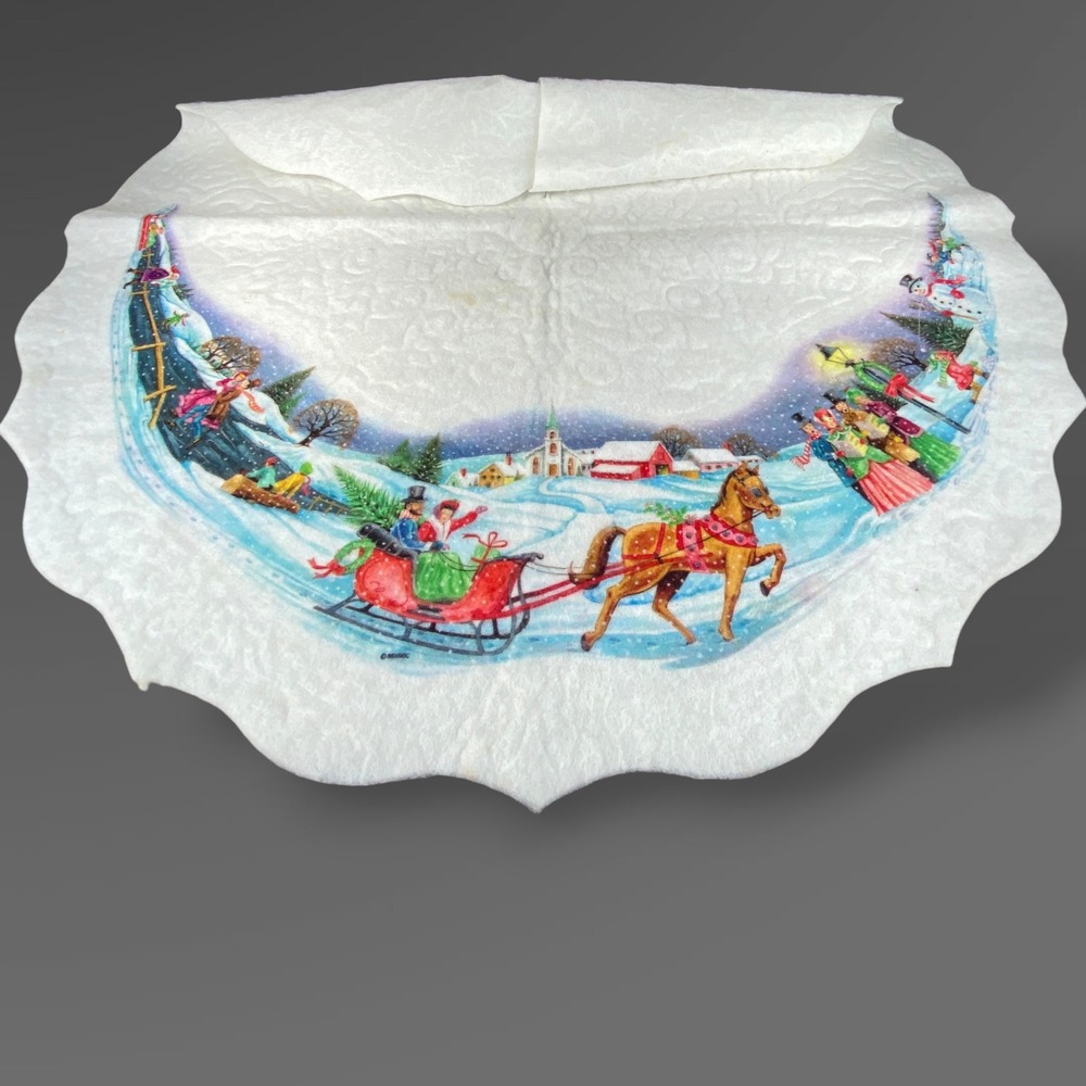 Rennoc Christmas Tree Skirt 34" Skaters Sledders Snowballs Sleigh Carolers 1970s